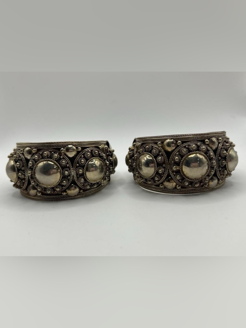Vintage Siam Sterling Wide Cuff Bracelet Pair Signed Cabochons 1.5” 66g Each
